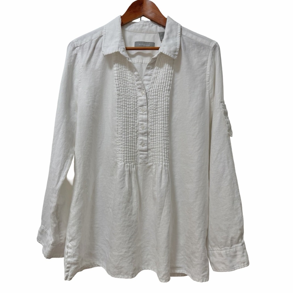 Liz Claiborne Womens 100% Linen Pintuck Popover Top Size XL White Coastal Resort